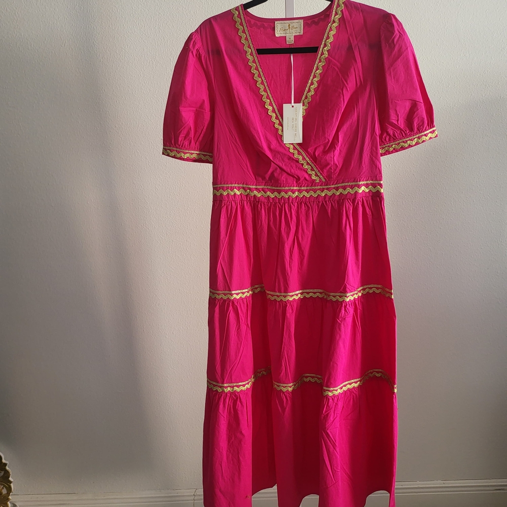 Vibrant Pink Midi Dress with Gold Trim